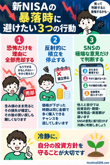 新NISAの暴落時に避けたい行動として、恐怖だけで全部売却する、反射的に積立を停止する、SNSの極端な意見だけで判断するという3つのNG行動を示した図解