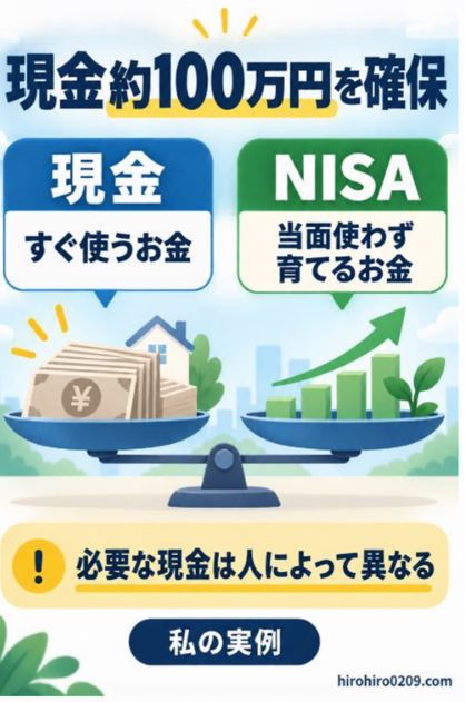 現金約100万円をすぐ使うお金として確保し、NISAは当面使わず育てるお金として役割を分けた実体験の図解