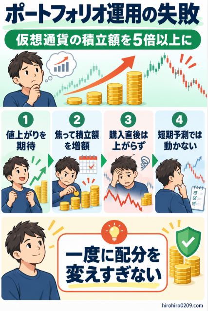 仮想通貨の値上がりを期待して積立額を5倍以上に増やしたものの購入直後には上がらず、短期予測で資産配分を急に変えすぎないことを学んだ失敗を示す図解イラスト