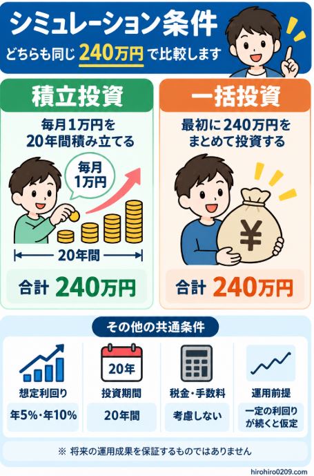 積立投資は毎月1万円を20年間、一括投資は240万円を最初に投資するシミュレーション条件の比較図解