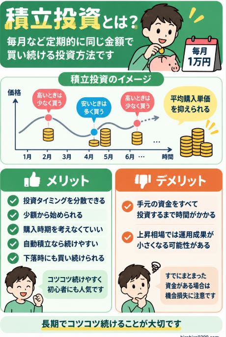 積立投資のメリットとデメリット、定額積立で購入タイミングを分散する仕組みを示した図解