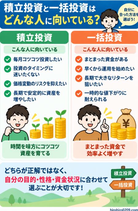 積立投資と一括投資について、それぞれどんな人に向いているかを投資資金やリスク許容度の違いから比較した図解
