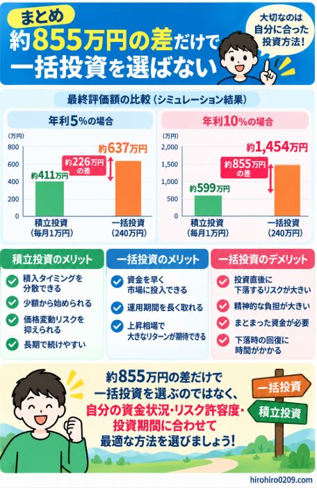 積立投資と一括投資を20年間運用したシミュレーション結果とメリット・デメリットを比較し、年利10%では約855万円の差が出ることを示した図解