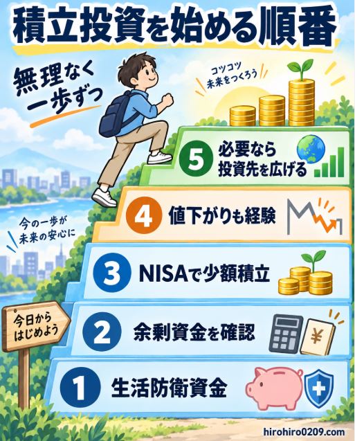 積立投資を始める順番として、生活防衛資金の確保、余剰資金の確認、NISAでの少額積立、値下がりの経験、必要に応じた投資先の拡大を示した図解イラスト