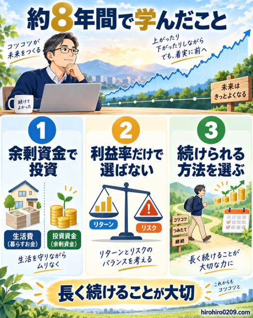 約8年間の積立投資から学んだこととして、余剰資金で投資する、利益率だけで選ばない、長く続けられる方法を選ぶという3つのポイントを示した図解イラスト