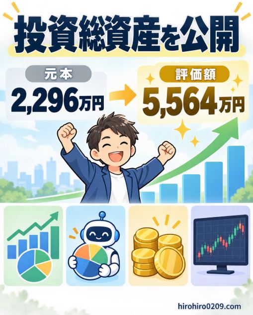 NISA、ロボアド、仮想通貨、株価指数CFDへの投資で、元本2296万円が評価額5564万円になった運用実績を示すアイキャッチ画像