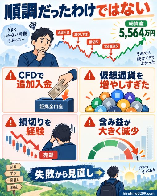 総資産5564万円までの運用で経験した、CFDへの追加入金、仮想通貨の増やしすぎ、損切り、含み益の大幅な減少を示した図解イラスト