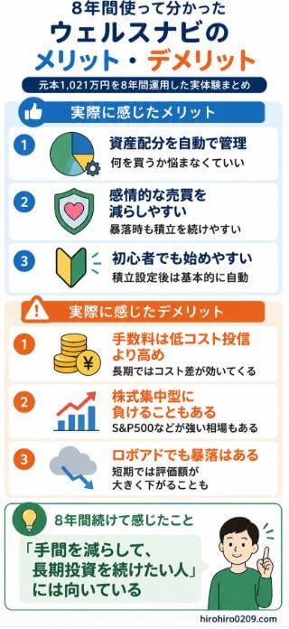 8年間ウェルスナビを運用して感じたメリット・デメリットをまとめたスマホ向け縦長図解。メリットは「資産配分を自動で管理」「感情的な売買を減らしやすい」「初心者でも始めやすい」の3つ。デメリットは「手数料は低コスト投信より高め」「株式集中型に負けることもある」「ロボアドでも暴落はある」の3つを紹介。最後に、手間を減らして長期投資を続けたい人に向いているとまとめている。