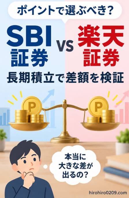 SBI証券と楽天証券のポイント還元を比較し、長期積立で本当に大きな差が出るのかを検証する記事のアイキャッチ画像