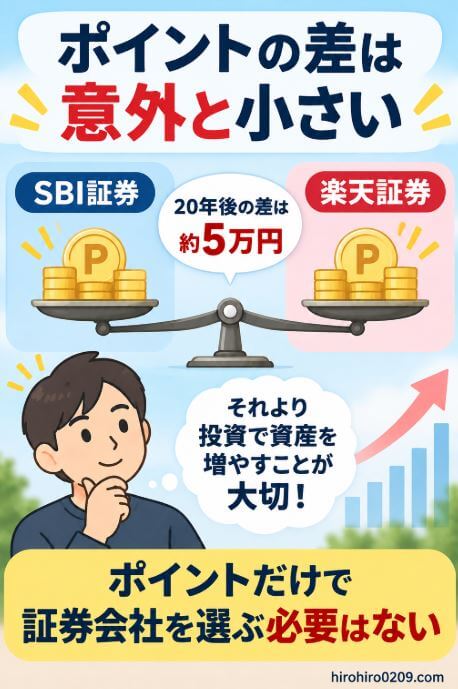 SBI証券と楽天証券のポイント差は20年積み立てても約5万円で、ポイントだけで証券会社を選ぶより投資で資産を増やすことが重要だとまとめた図解