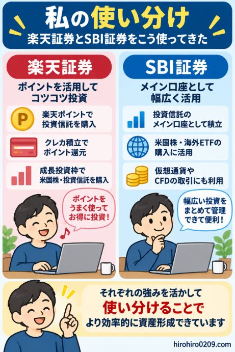 楽天証券では楽天ポイントを使った投資、SBI証券ではNISAを利用してきた実体験をもとに、2つの証券会社の使い分けをまとめた図解