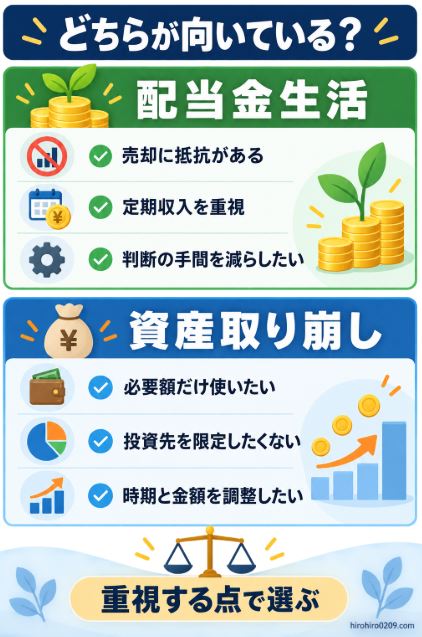 配当金生活は売却に抵抗があり定期収入を重視する人、資産取り崩しは必要額や売却時期を自分で調整したい人に向いていることを示した比較図解