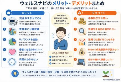 ウェルスナビを7年半運用して感じたメリット・デメリットを比較した図解。左側には「完全おまかせでOK」「世界中に分散投資」「リバランスも自動」「感情に左右されにくい」「手間がかからない」などのメリットを掲載。右側には「手数料がやや高い」「投資先を自由に選びにくい」「短期では損することもある」「NISAの成長投資枠が使えない」「自分で細かく調整しにくい」などのデメリットを掲載。中央にはAIが自動で資産運用を行うイメージイラストと、ウェルスナビが向いている人の特徴を表示。右下に「hirohiro0209.com」表記あり