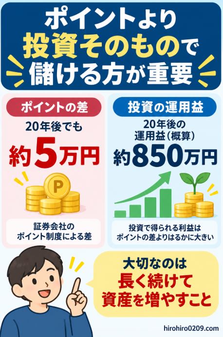 20年間の積立ではSBI証券と楽天証券のポイント差が約5万円なのに対し、投資による運用益は約850万円となり、ポイントより長期投資で資産を増やすことが重要だと示した図解