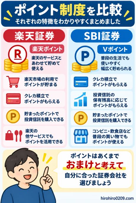 SBI証券と楽天証券のポイント制度を比較し、楽天ポイントやVポイント、クレカ積立、投資信託の保有などでポイントを貯めて投資に活用できることをまとめた図解
