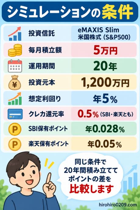 eMAXIS Slim 米国株式(S&P500)を毎月5万円、20年間積み立てる条件で、SBI証券と楽天証券のクレカ還元率と投信保有ポイントの差を比較するシミュレーション条件の図解