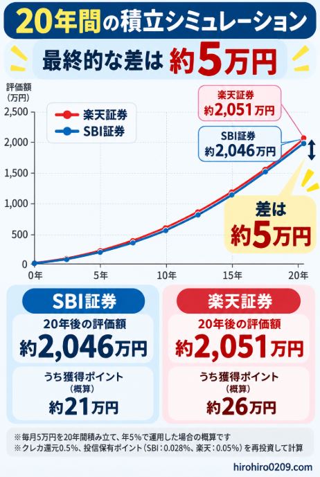 SBI証券と楽天証券で毎月5万円を20年間積み立てたシミュレーションで、20年後の評価額はSBI証券が約2,046万円、楽天証券が約2,051万円となり、差は約5万円だったことを示すグラフ