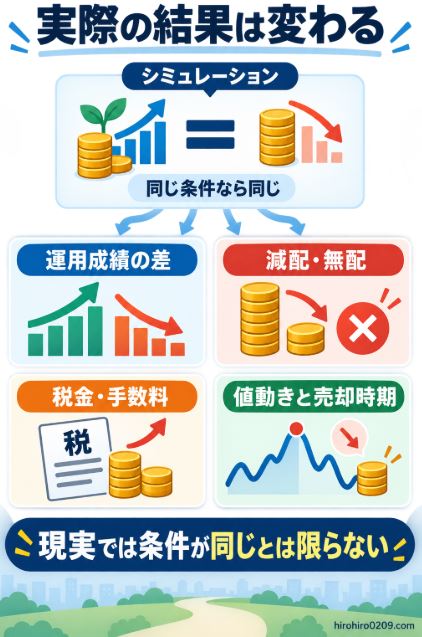 配当と取り崩しは同じ条件なら同じ結果になる一方、実際には運用成績、減配、税金や手数料、値動きと売却時期によって結果が変わることを示した図解