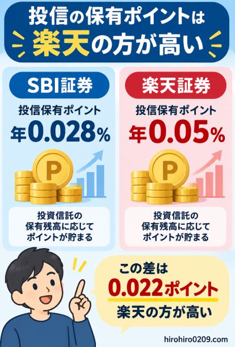 eMAXIS Slim 米国株式(S&P500)の投信保有ポイントを比較し、SBI証券は年0.028%、楽天証券は年0.05%で、楽天証券が0.022ポイント高いことを示した図解