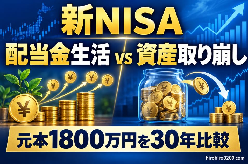 新NISAで元本1,800万円を30年間運用し、配当金生活と資産取り崩しを比較する図解