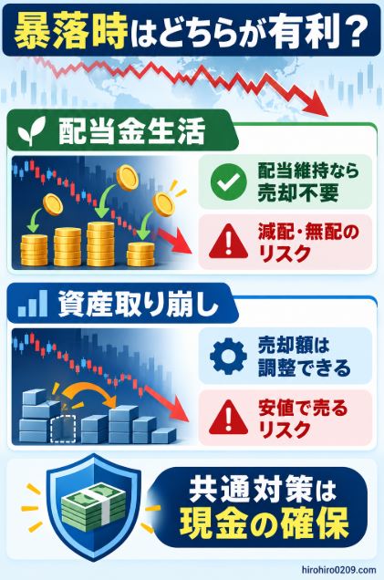 暴落時は配当が維持されれば売却を避けられる一方で減配リスクがあり、資産取り崩しは売却額を調整できる一方で安値売却のリスクがあることを示した図解