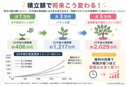 新NISAの積立額ごとの20年後資産シミュレーションを比較した図解。月1万円・月3万円・月5万円積立時の資産額推移と、複利効果で後半ほど資産が大きく伸びることを視覚的に解説するイラスト