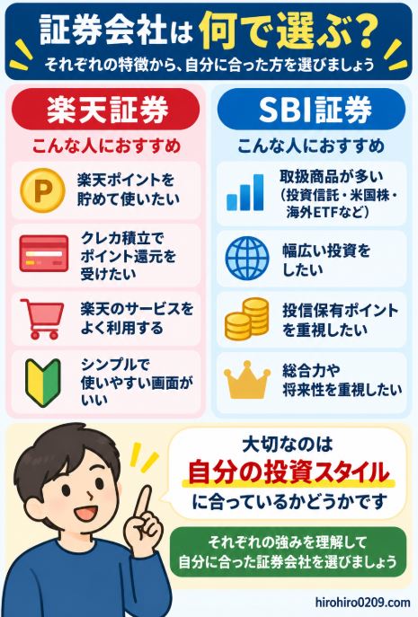 SBI証券と楽天証券の選び方を比較し、楽天ポイントや楽天サービスを活用したい人は楽天証券、商品ラインナップや米国株・海外ETFを重視する人はSBI証券が向いていることをまとめた図解