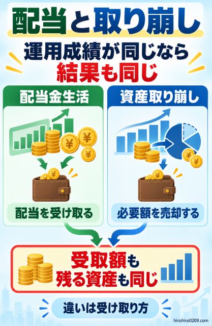 同じ運用成績なら配当金生活と資産取り崩しの受取額と残る資産は同じになることを示した図解