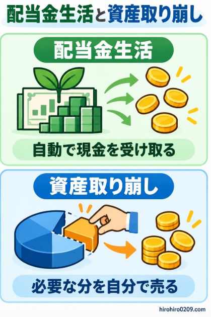 配当金生活は自動で現金を受け取り、資産取り崩しは必要な分を自分で売却する違いを示した図解