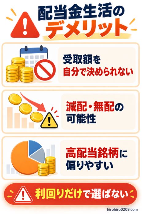 配当金生活は受取額を自分で決められず、減配や無配、高配当銘柄への偏りが生じる可能性を示した図解