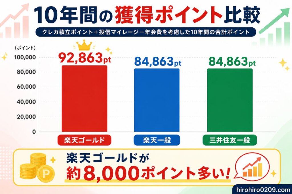 10年間のクレカ積立ポイントと投信マイレージの合計ポイントを比較した棒グラフ。楽天ゴールドは92,863ポイント、楽天カード一般は84,863ポイント、三井住友カード一般は84,863ポイントとなっており、楽天ゴールドが約8,000ポイント多く獲得できることを示している。年会費を考慮した10年間のポイント還元額を比較した図解。