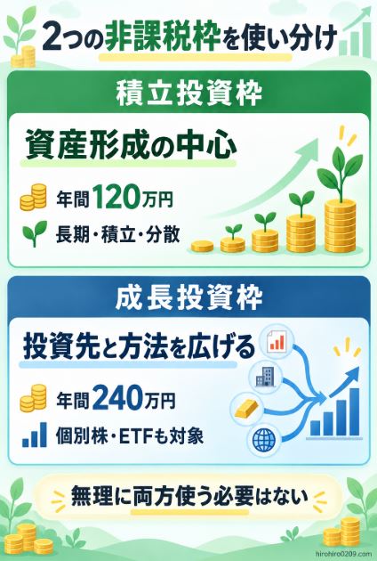 新NISAの積立投資枠は年間120万円で資産形成の中心、成長投資枠は年間240万円で個別株やETFなどへ投資先を広げる役割だと比較した図解イラスト