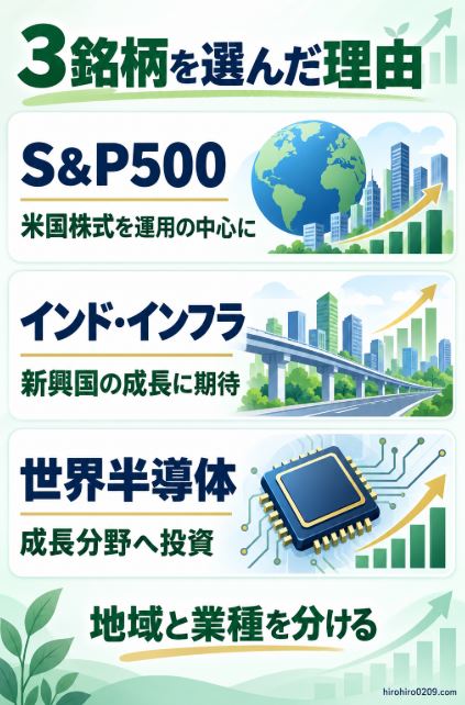 新NISA成長投資枠でS&P500を米国株式運用の中心、インド・インフラを新興国の成長投資、世界半導体を成長分野への投資として選んだ理由を示す図解イラスト