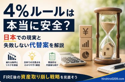 FIREに必要な資産額を解説するアイキャッチ画像。左側に「FIREに必要な資産はいくら？」という大きな文字、右上に「4％ルールで簡単計算」「生活費別・年収別にシミュレーション」の見出し。右側には湖を眺めながらリラックスする人物と、右肩上がりの資産グラフ、積み上がる金貨、7,500万円と表示された電卓が描かれている。下部には「必要資産がすぐ分かる！」「何年で達成できる？」「サイドFIREとフルFIREの違いも！」のアイコンが並び、「具体的な数字で未来が見える！」と表示。右下に「hirohiro0209.com」の表記。