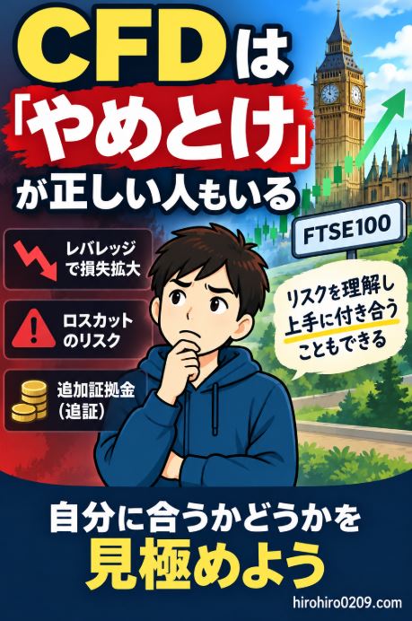 CFDはやめとけと言われる理由として、レバレッジによる損失拡大、ロスカット、追加証拠金のリスクと、リスクを理解して運用する重要性をまとめたアイキャッチ画像