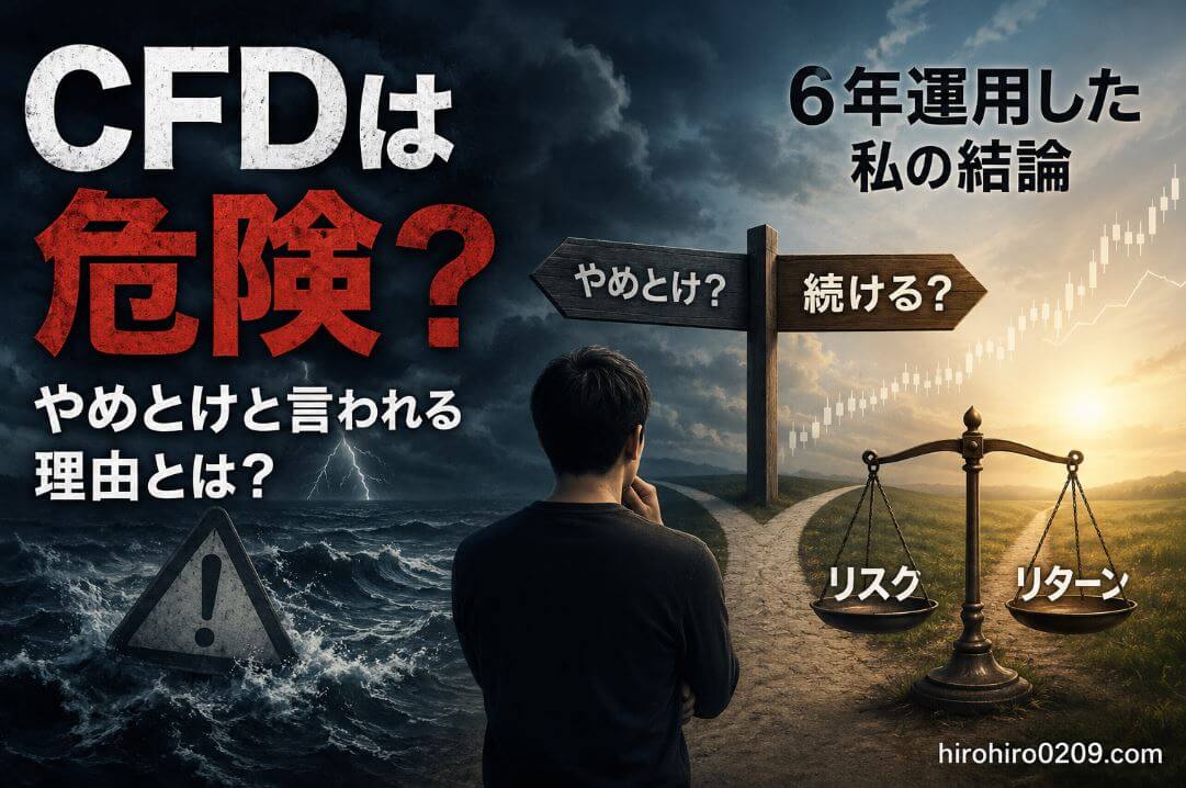 CFD投資の危険性をテーマにしたアイキャッチ画像。荒れた海と警告マークが描かれた左側で「CFDは危険？やめとけと言われる理由とは？」と表示。右側には上昇チャートと天秤が描かれ、「6年運用した私の結論」としてリスクとリターンを比較している。中央には投資判断に迷う人物と「やめとけ？」「続ける？」の分岐標識が配置されている。