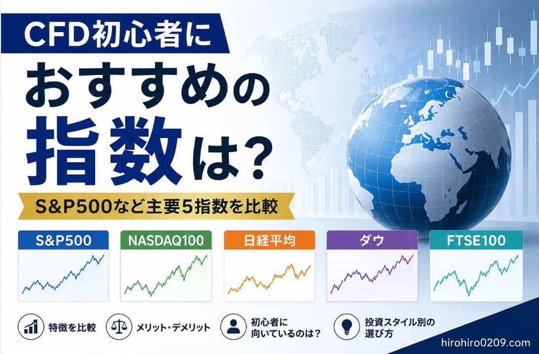 S&P500、NASDAQ100、日経平均、ダウ、FTSE100の主要5指数を比較し、CFD初心者におすすめの指数を解説するアイキャッチ画像。世界地図と株価チャートを背景に各指数の特徴を紹介。