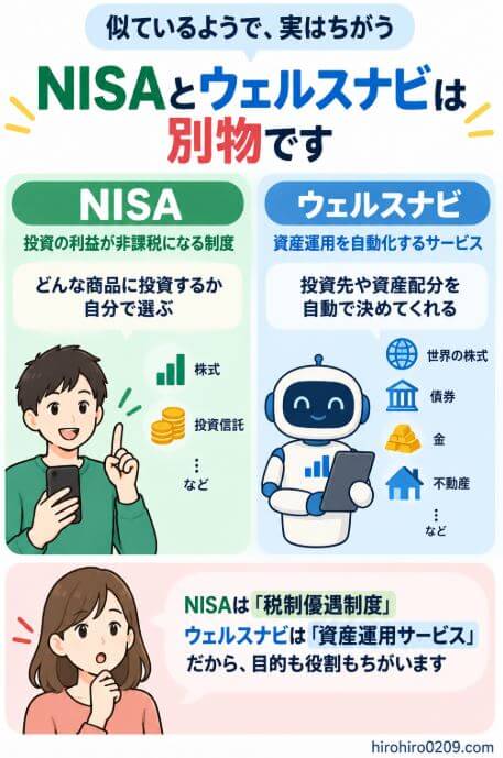 NISAは投資の利益が非課税になる制度、ウェルスナビは投資先や資産配分を自動で管理する資産運用サービスであり、目的や役割が異なることを比較した図解
