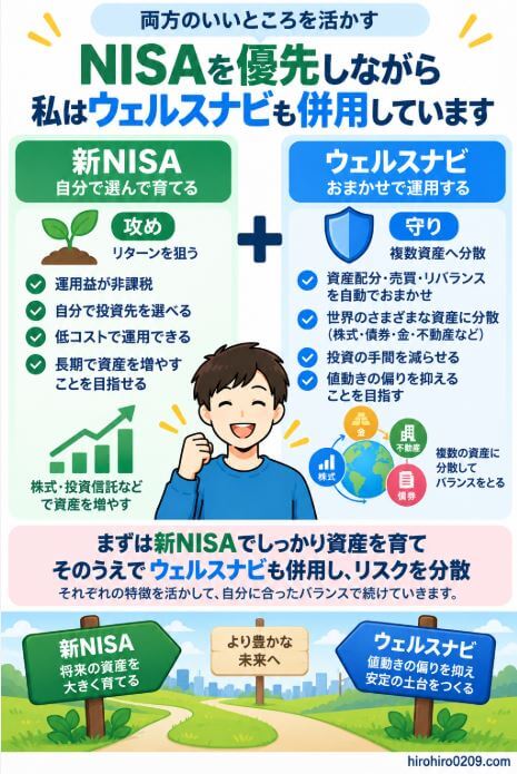 新NISAを優先して非課税・低コストで資産形成を進めながら、ウェルスナビでは株式・債券・金・不動産など複数資産へ分散し、値動きの偏りを抑えることを目指す筆者の「攻め」と「守り」の使い分けをまとめた図解
