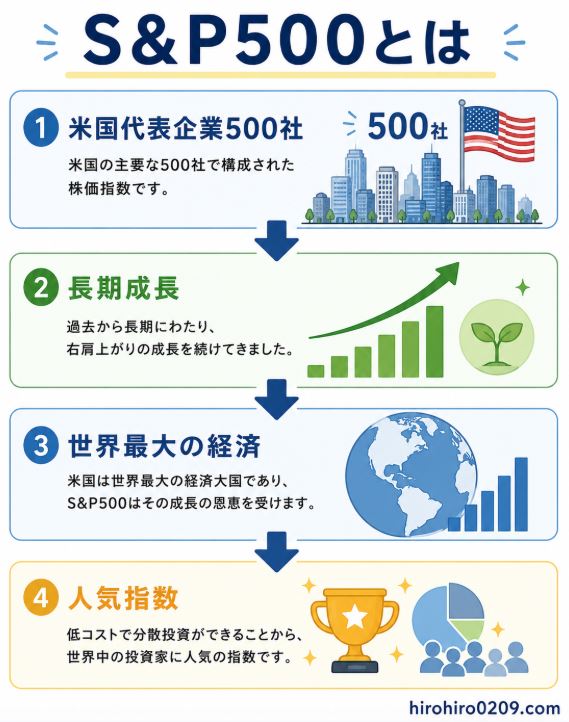 S&P500の特徴を4つのポイントでまとめた図解。S&P500は米国を代表する約500社で構成される株価指数であり、長期にわたって成長を続けてきた実績があること、世界最大の経済大国である米国の成長の恩恵を受けやすいこと、低コストで幅広く分散投資ができるため世界中の投資家から人気を集めていることを、アイコンと矢印を使って分かりやすく解説したイラスト。右下には「hirohiro0209.com」と記載されている。