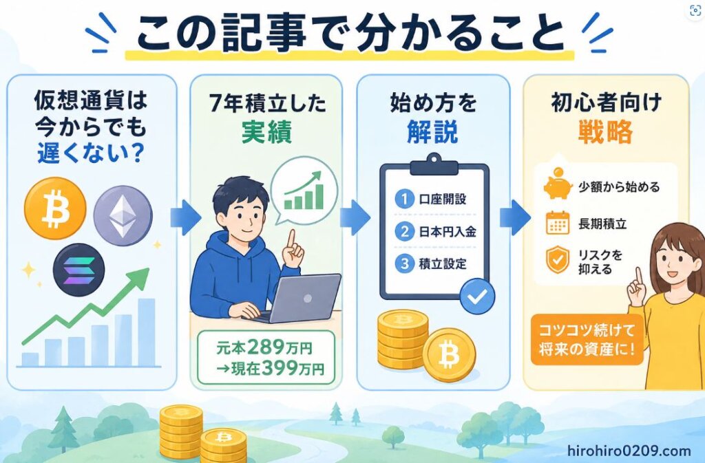 「この記事で分かること」をまとめたフローチャート。『仮想通貨は今からでも遅くない？』という疑問から始まり、『7年積立した実績』『始め方を解説』『初心者向け戦略』へと順番に理解できる記事構成を矢印で示している。右下には「hirohiro0209.com」と記載されている。