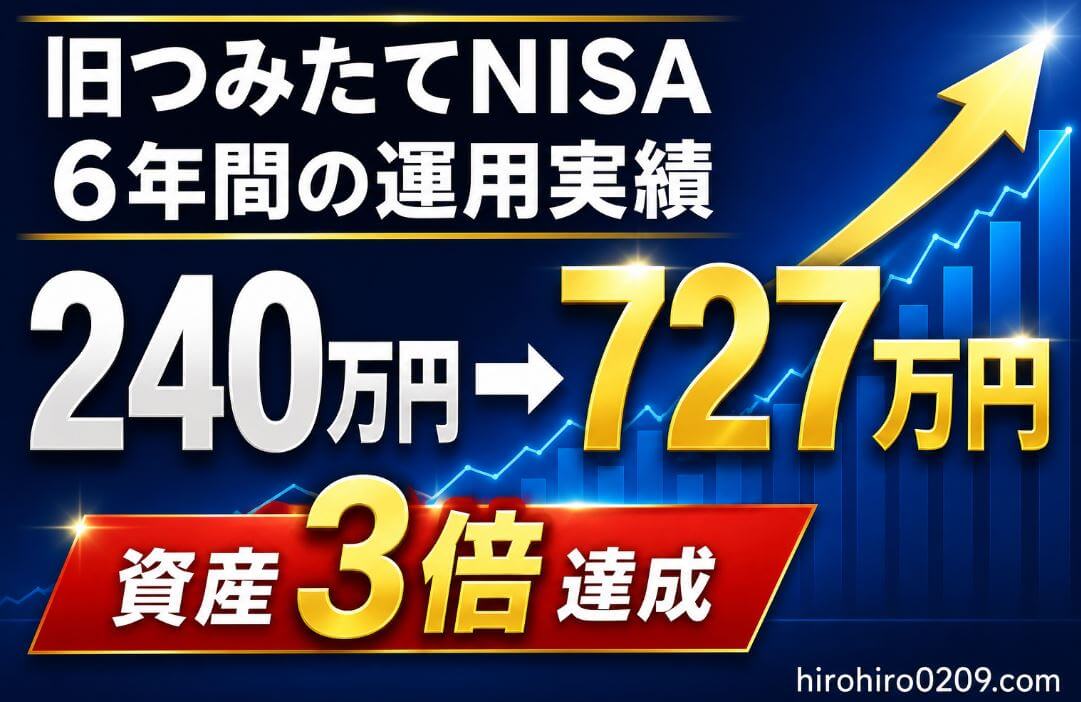 旧つみたてNISAを6年間続けた運用実績のアイキャッチ画像。投資元本240万円が727万円となり、資産3倍を達成した結果を上昇グラフとともに表示。