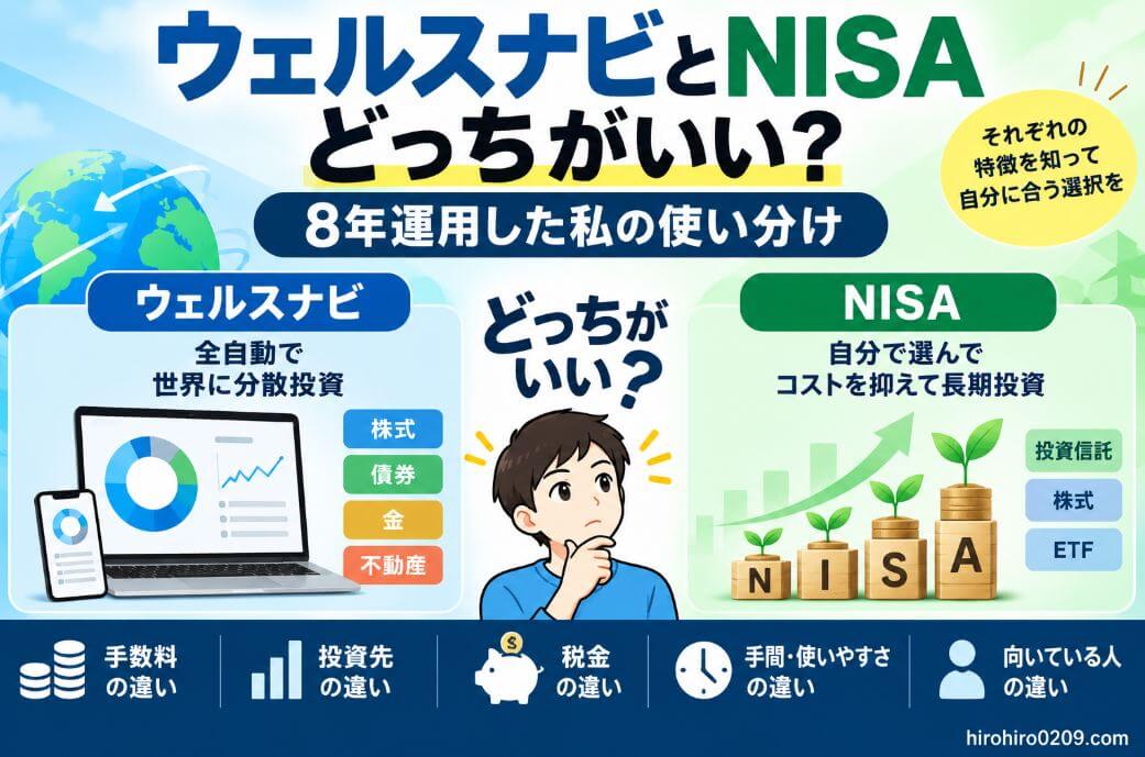 ウェルスナビとNISAのどちらがいいかを比較した図解。8年運用した筆者が、手数料・投資先・税金・手間や使いやすさ・向いている人の違いをもとに、それぞれの特徴と使い分けを紹介