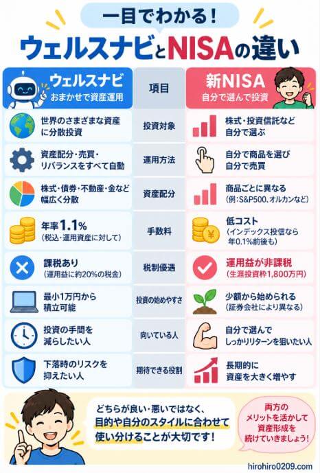 ウェルスナビと新NISAについて、投資先、運用方法、資産配分、手数料、税制、向いている人などの違いを一覧で比較し、それぞれの特徴に合わせて使い分ける考え方をまとめた図解
