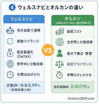 "④ オルカンとウェルスナビの違い
ウェルスナビとオルカンを比較した図解。ウェルスナビ側には「自動積立」「自動リバランス」「税金最適化（DeTAX）」「世界分散投資」、オルカン側には「超低コスト」「全世界株式へ投資」「自分で管理」「NISAとの相性が良い」といった特徴を掲載。中央の天秤で「手間の少なさ」と「低コスト」の違いを表現し、どちらを重視するかで選択肢が変わることを示している。右下に「hirohiro0209.com」の表記あり。"