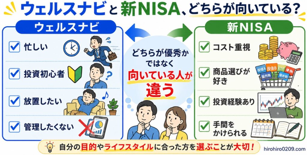ウェルスナビと新NISAのどちらが向いているかを比較した図解。ウェルスナビ側には「忙しい」「投資初心者」「放置したい」「管理したくない」といった特徴を配置し、自動運用を重視する人向けであることを示している。一方、新NISA側には「コスト重視」「商品選びが好き」「投資経験あり」「手間をかけられる」といった特徴を配置し、自分で運用管理したい人向けであることを示している。中央には「どちらが優秀かではなく向いている人が違う」と表示し、投資スタイルによって選ぶべきサービスが異なることを説明している。右下にhirohiro0209.comを掲載。