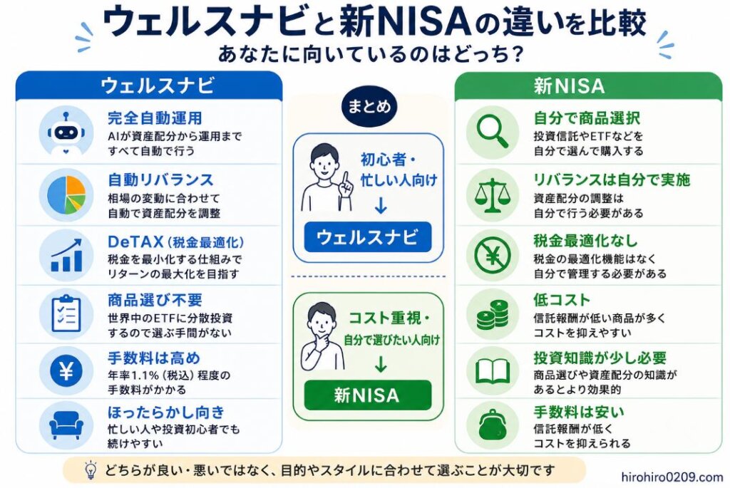 ウェルスナビと新NISAの違いを左右で比較した図解。ウェルスナビは完全自動運用・自動リバランス・税金最適化機能が特徴で、ほったらかし投資向き。一方、新NISAは低コストだが商品選択や資産配分を自分で行う必要があることを比較しているイラスト。右下にhirohiro0209.comを表示。