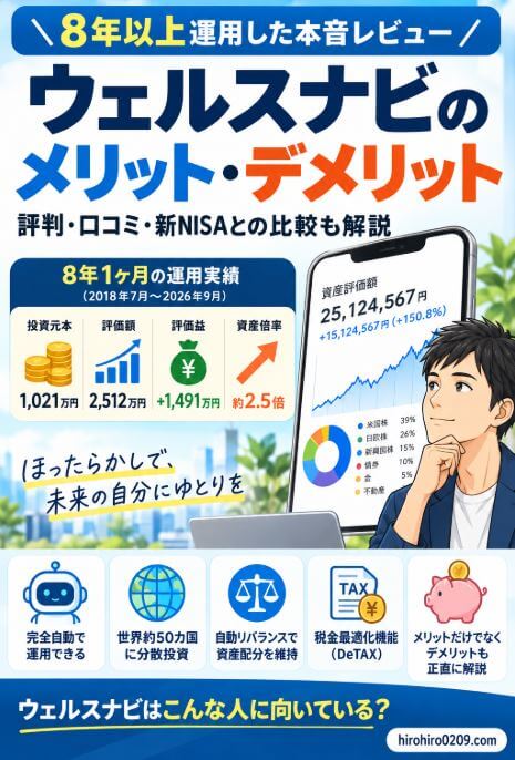 ウェルスナビを8年1ヶ月運用した筆者が、投資元本1,021万円、評価額2,512万円、評価益1,491万円の実績をもとに、分散投資や自動運用などのメリットと、手数料などのデメリットを実体験から解説する記事のアイキャッチ画像