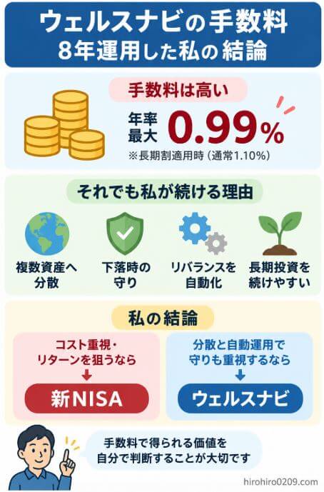 ウェルスナビの手数料は長期割適用で年率最大0.99%。複数資産への分散、下落時の守り、自動リバランス、長期投資の続けやすさに価値を感じ、新NISAはリターンを狙う「攻め」、ウェルスナビは分散と自動運用による「守り」として使い分けている