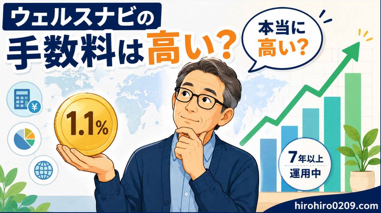 ウェルスナビの手数料は高いのかをテーマにした図解イラスト。1.1％と書かれた金貨を手に持ちながら考える50代男性の横に、右肩上がりの資産成長グラフを配置。背景には世界地図が描かれ、「本当に高い？」の吹き出しと「7年以上運用中」の表示がある。ウェルスナビの手数料と運用成果を比較しながら検証する記事のアイキャッチ画像。